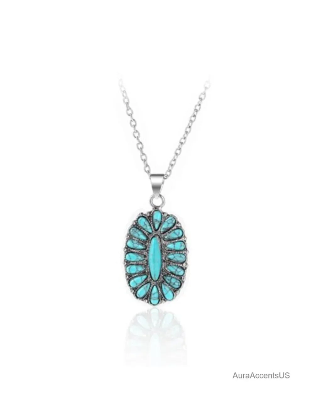 Natural Turquoise Boho Bead Silver Cross Vintage Statement Pendant Necklace